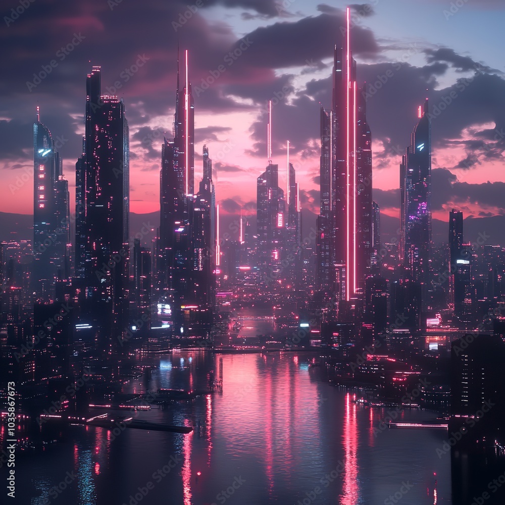 Fototapeta premium a futuristic cityscape at dusk, towering skyscrapers with neon lights