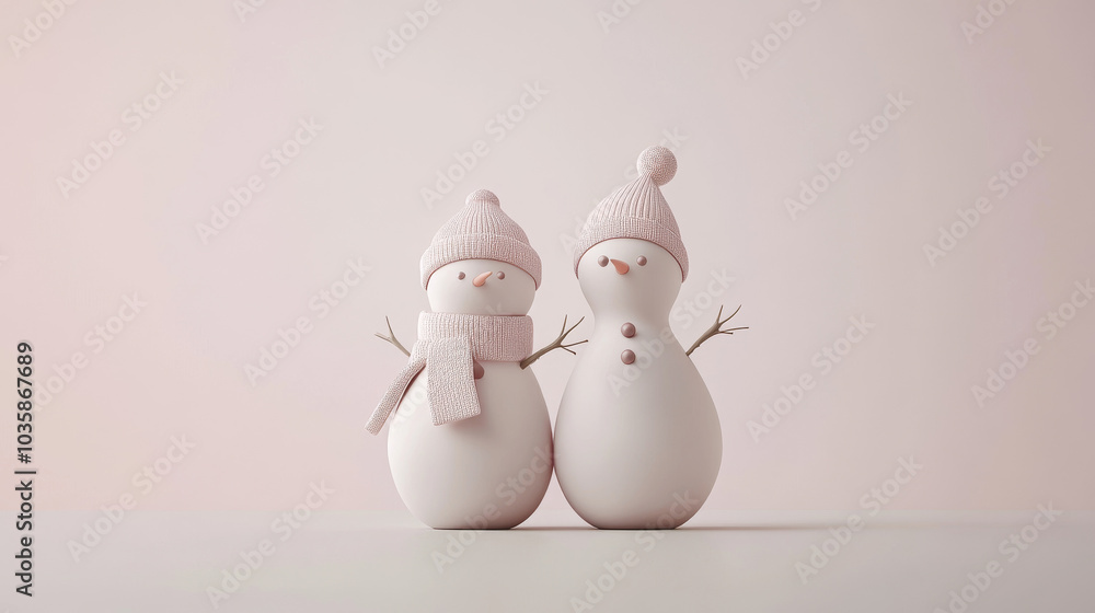 A minimalist illustration of two snowmen with pastel hats and scarves, featuring soft colors and simple twig arms in a winter setting.
A minimalist illustration of two snowmen with pastel hats and scarves, featuring soft colors and simple twig arms in a winter setting.