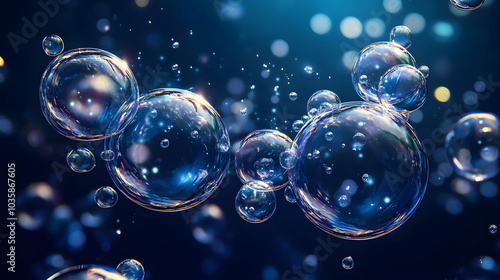 Wallpaper Mural Luminous Air Bubbles on Deep Blue, vibrant round bubbles of varying sizes float against a rich dark blue backdrop, creating a shiny, captivating scene Torontodigital.ca