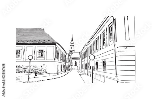 Building view with landmark of Budapest Hungary. Hand drawn sketch illustration in vector.