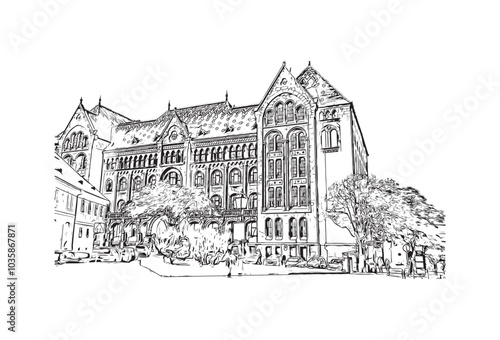 Building view with landmark of Budapest Hungary. Hand drawn sketch illustration in vector.