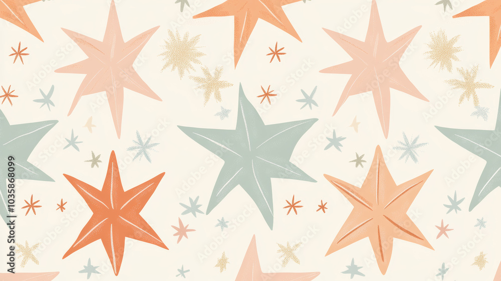 Christmas playful star pattern featuring pastel-colored stars in orange, peach, and mint green with subtle textures, perfect for festive or decorative themes.
Christmas playful star pattern featuring pastel-colored stars in orange, peach, and mint green with subtle textures, perfect for festive or decorative themes.