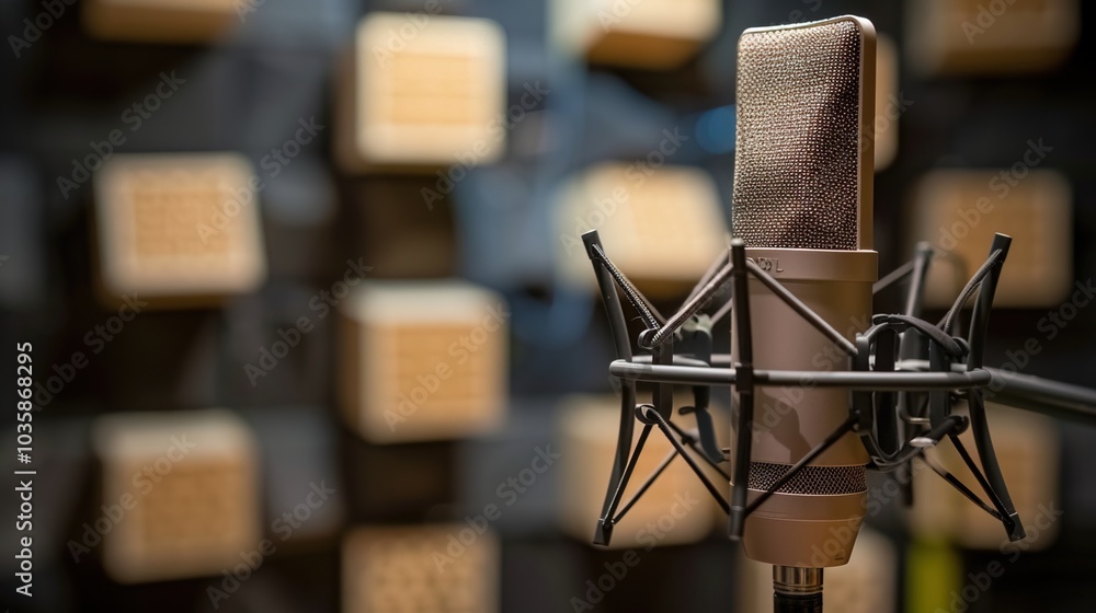 Close-up of microphone on stand in soundproof recording studio, positioned in front of script stand, symbolizing voice acting and audio production. Close-up of microphone on stand in soundproof recording studio, positioned in front of script stand, symbolizing voice acting and audio production.