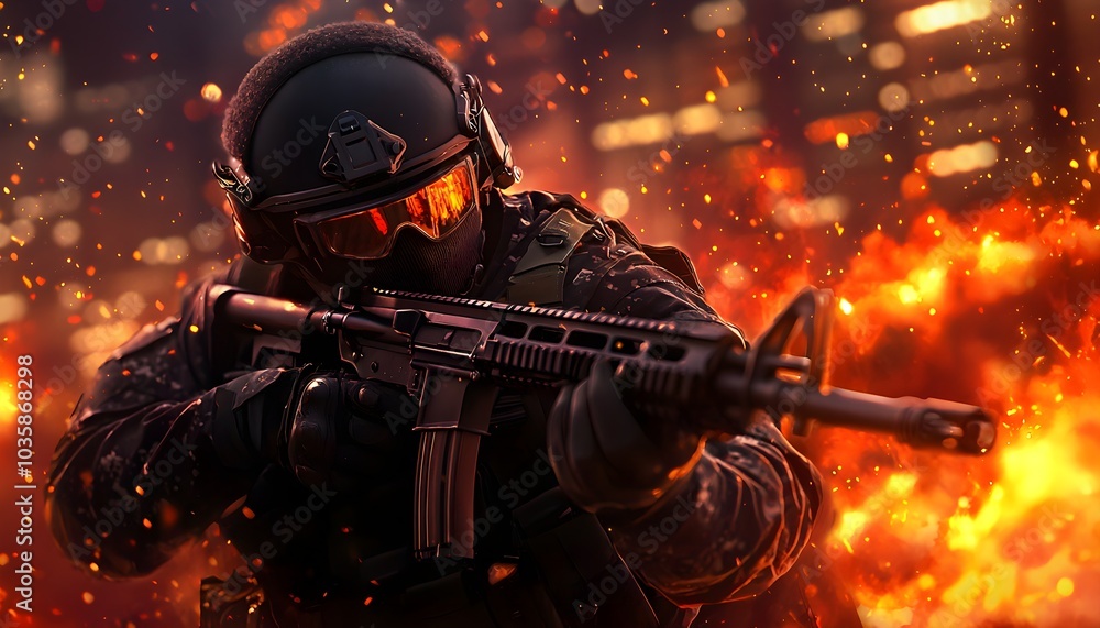 A soldier aiming with a rifle amidst a blazing backdrop, representing action and conflict. A soldier aiming with a rifle amidst a blazing backdrop, representing action and conflict.