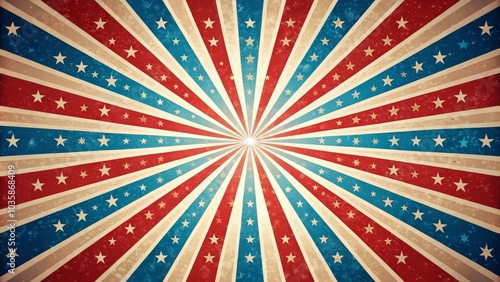 Vintage red white and blue starburst background with a grunge texture