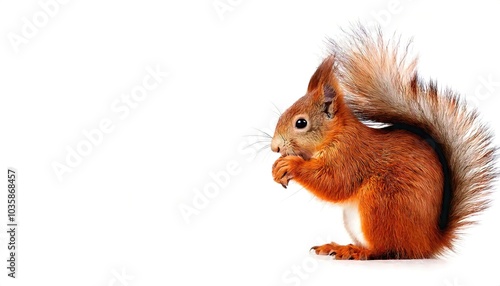 red squirrel - Sciurus vulgaris - also called Eurasian red squirrel is an arboreal and primarily herbivorous rodent and common throughout Eurasia. Isolated on white background with copy space