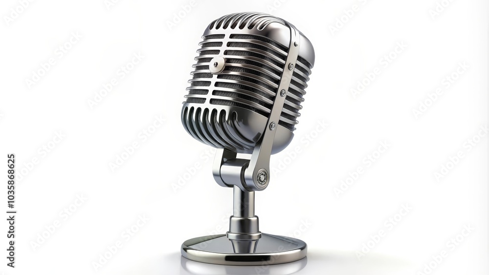 Fototapeta premium Chrome vintage microphone is standing on a white background