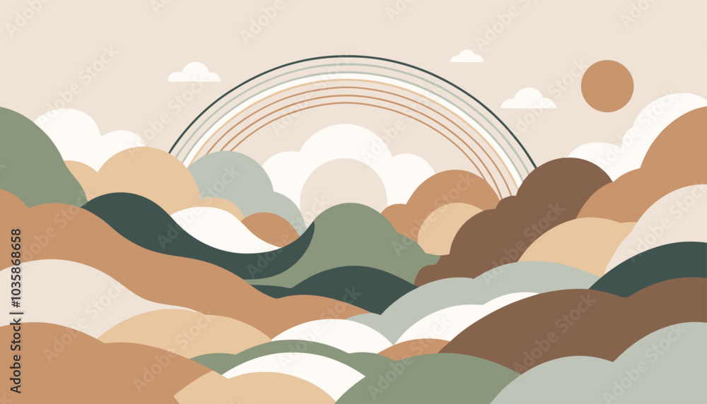 Fototapeta premium Soft rainbow and clouds over rolling hills in warm earthy tones in Scandinavian style