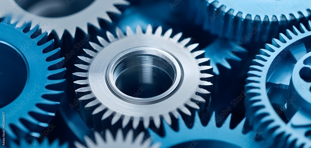Close-up of intricate blue metal gears interlocked and arranged for a mechanical or engineering backdrop. Close-up of intricate blue metal gears interlocked and arranged for a mechanical or engineering backdrop.
