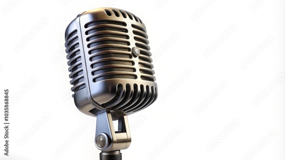Fototapeta premium Chrome vintage microphone is standing on a white background