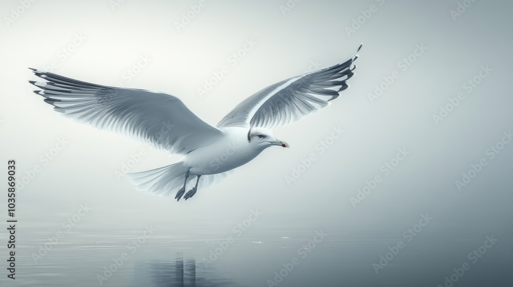 Obraz premium Seagull in Flight over Serene Ocean, solitary bird gliding gracefully above tranquil waters, clear skies create peaceful scene