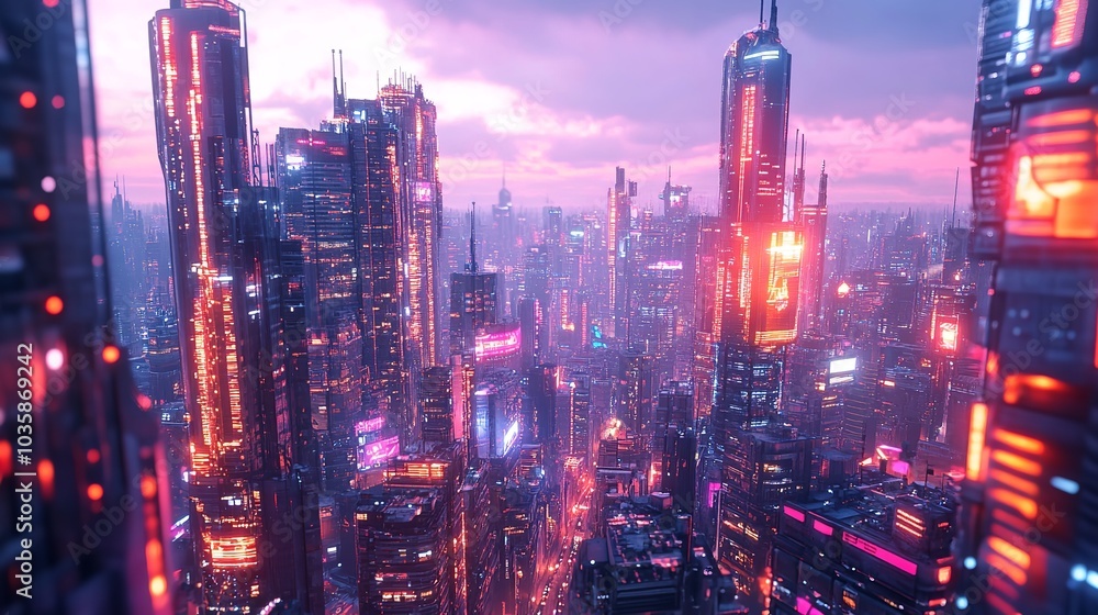 Fototapeta premium Futuristic Cyber Cityscape with 8K Realistic Lighting