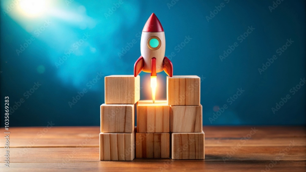 A small rocket taking off from a stack of wooden blocks. The image symbolizes a new beginning, growth, and innovation A small rocket taking off from a stack of wooden blocks. The image symbolizes a new beginning, growth, and innovation