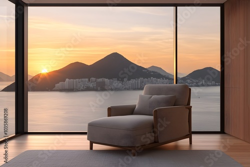 Modern living room with a cozy chair and stunning sunset view over the mountains.