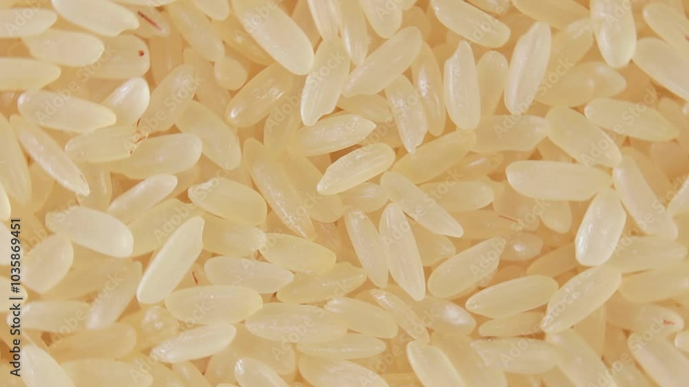 Dry Uncooked Parboiled Rice Background Rotating Left - Top View, Close-Up. Scattered Raw Long Grain Rice. Asian Cuisine and Culture. Healthy Eating Ingredients. Diet Food Dry Uncooked Parboiled Rice Background Rotating Left - Top View, Close-Up. Scattered Raw Long Grain Rice. Asian Cuisine and Culture. Healthy Eating Ingredients. Diet Food