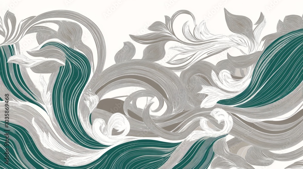 Abstract floral pattern in teal, gray, and white with swirls and waves. Abstract floral pattern in teal, gray, and white with swirls and waves.