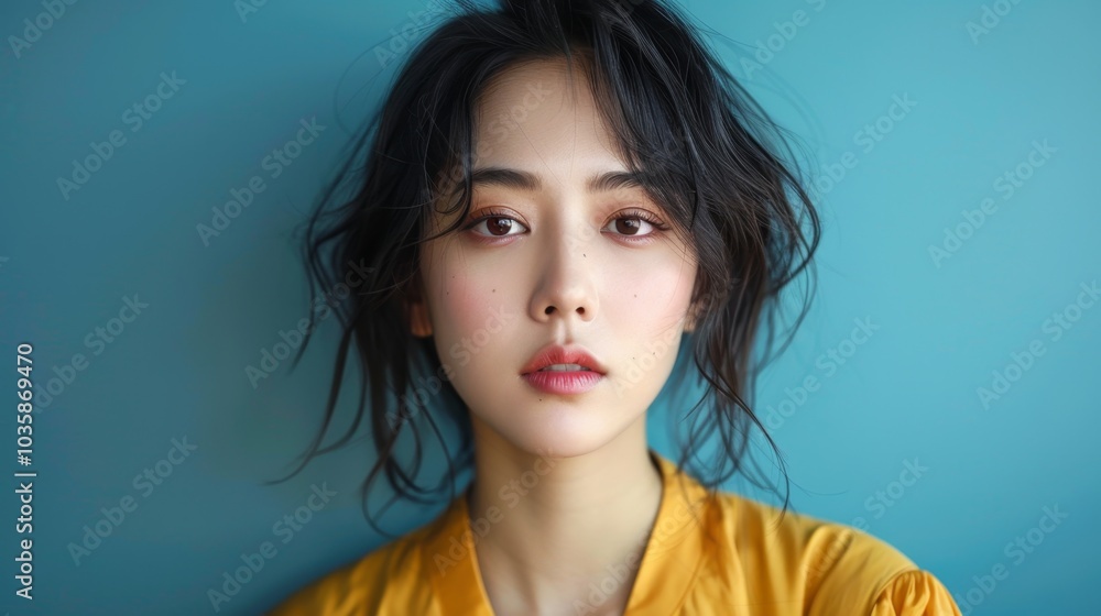 Captivating Portrait of a Woman with Striking Features Against a Soft Blue Background