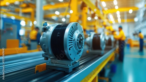 A factory producing electric motors for industrial machinery, with workers overseeing the process, electric motor production, industrial machinery manufacturing