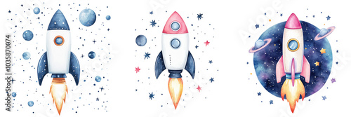 Colorful rockets blast off into space, surrounded by planets and stars, creating a whimsical scene of exploration and adventure. watercolor, clipart, isolated on transparent background.
