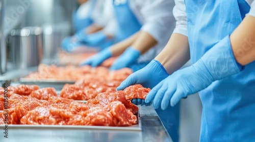 A team of workers inspecting a food production line for quality assurance, food production inspection, quality control process