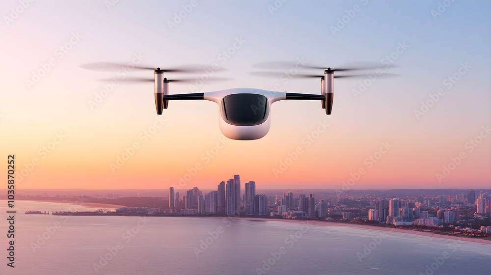A sleek drone soaring over a modern cityscape at sunset, showcasing innovative aerial technology in an urban environment. A sleek drone soaring over a modern cityscape at sunset, showcasing innovative aerial technology in an urban environment.