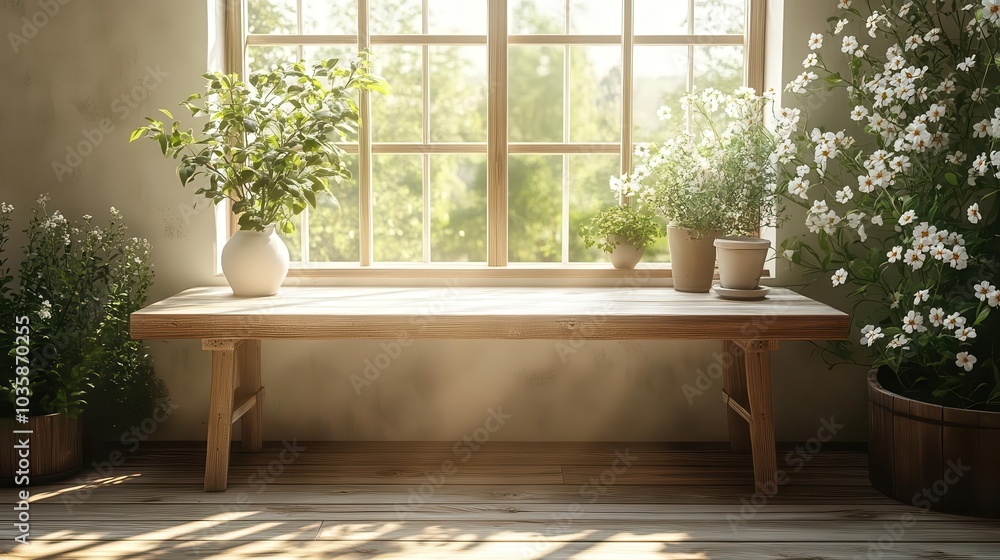Fototapeta premium white wood table with a large spring window offering ample natural light perfect for showcasing a serene workspace or aesthetic inviting creativity and clarity with an airy feel