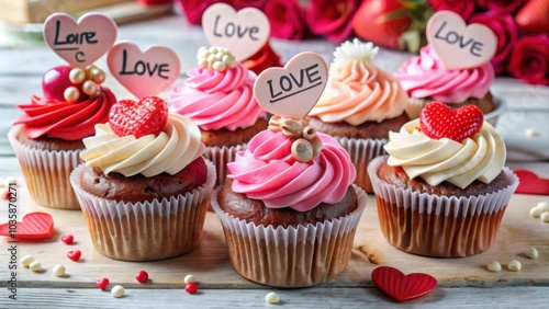 A close-up of Valentine's Day cupcakes decorated with heart-shaped toppers and sprinkles. Perfect for love, romance, and celebration themes