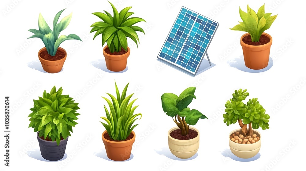 Fototapeta premium Collection of green plants in pots with a solar panel, isolated on a white background.