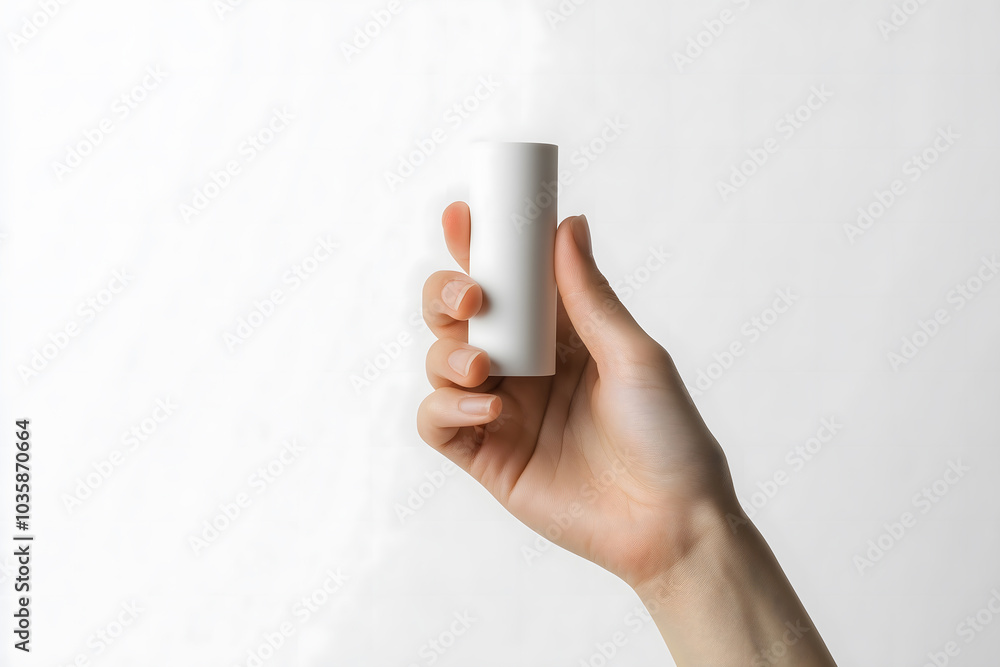 Hand holding white minimalist cylindrical container for skincare product against white background, product mockup and branding concept Hand holding white minimalist cylindrical container for skincare product against white background, product mockup and branding concept