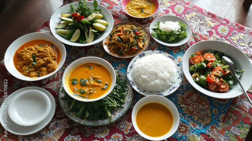 Colorful Array of Traditional Asian Dishes on Table Colorful Array of Traditional Asian Dishes on Table