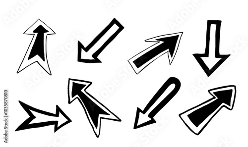 Hand drawn black and white arrows pointing in various directions. Ideal for creative and design projects.