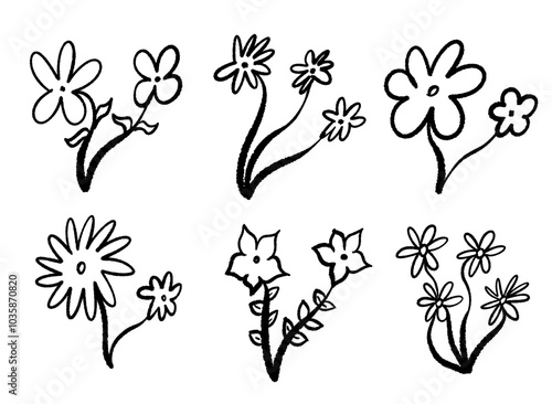 Various hand drawn flower illustrations in black and white, showcasing different petal and stem styles. Ideal for creative projects.