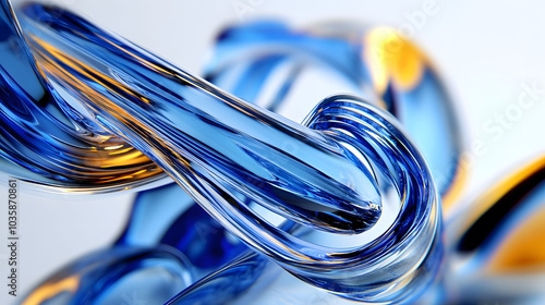 Vibrant 3D Glass Ribbons, dark blue and yellow hues, crystal clear textures, clean white background, striking visual elegance