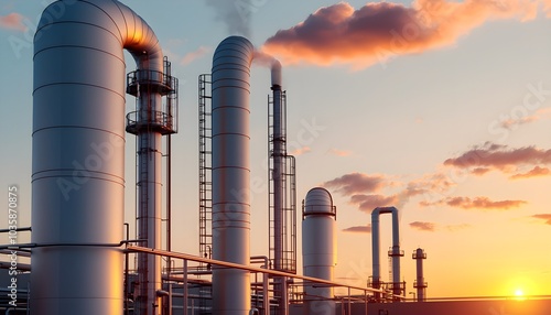 Industrial landscape featuring large metallic pipes with sunset in the background, symbolizing energy and manufacturing. photo