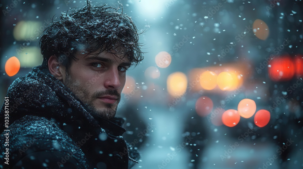winter city scene featuring a man with short dark hair standing amid gently falling snow showcasing a dynamic urban landscape illuminated by daylight winter city scene featuring a man with short dark hair standing amid gently falling snow showcasing a dynamic urban landscape illuminated by daylight