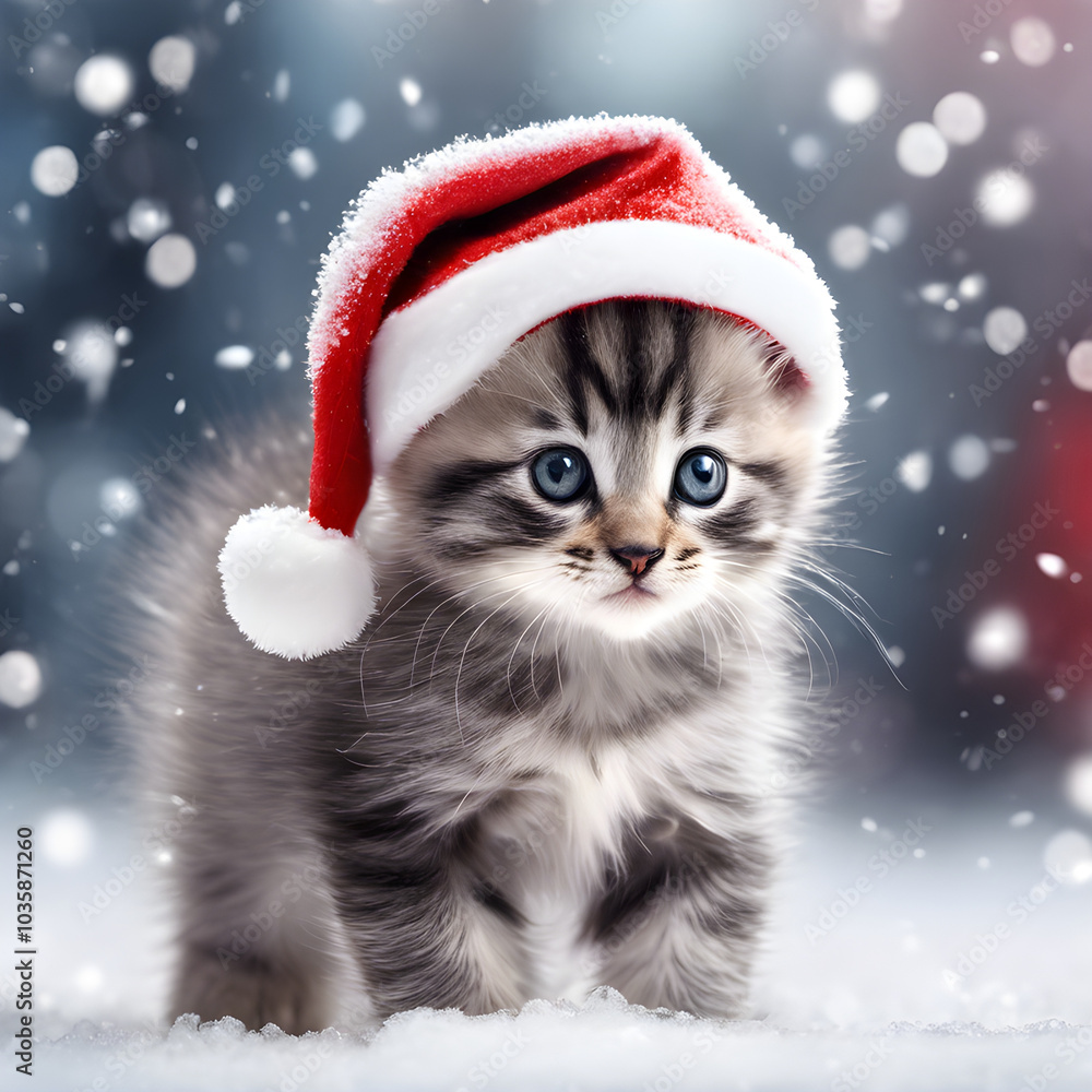 A white Persian cat at Christmas stands on a snowy ground, wearing a green elf hat on his head, with big round eyes. A white Persian cat at Christmas stands on a snowy ground, wearing a green elf hat on his head, with big round eyes.