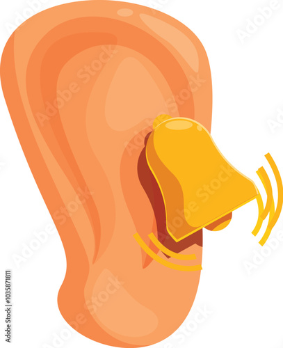 Bell ringing generating sound waves next to an ear, concept of hearing