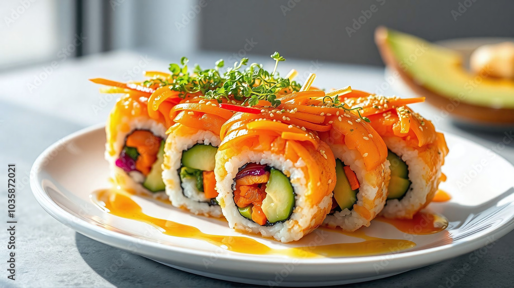 Fresh sushi rolls with colorful vegetables and drizzling sauce on a plate Fresh sushi rolls with colorful vegetables and drizzling sauce on a plate