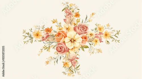 Fototapeta Naklejka Na Ścianę i Meble -  A watercolor illustration of a floral arrangement in a cross shape, featuring roses, daisies, and other delicate flowers in shades of peach, yellow, and cream.