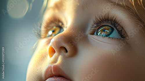 Close-up of a child's face with bright, expressive eyes gazing upwards. The lighting highlights the details of the child's features and expressions.