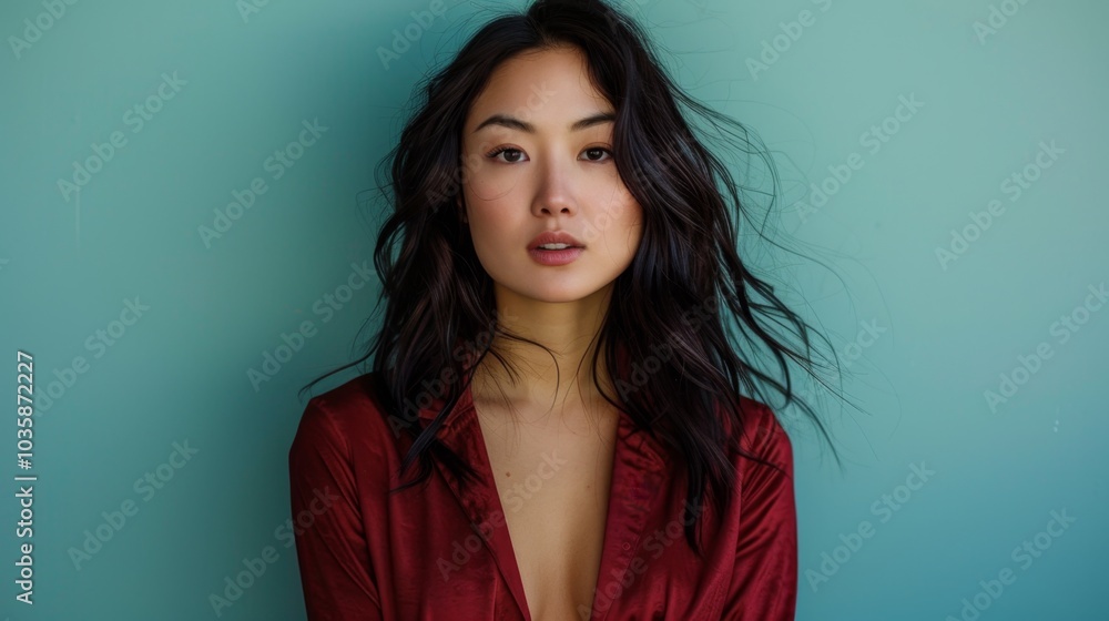 Captivating Elegance: A Portrait of Grace and Poise Against a Soft Teal Background Captivating Elegance: A Portrait of Grace and Poise Against a Soft Teal Background