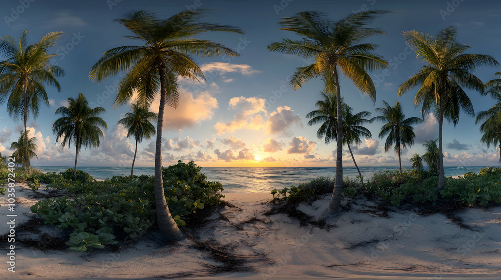 Fototapeta premium 360 HDRI panorama featuring coconut trees along the ocean coast during sunset -