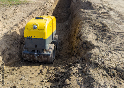 Yellow trench compactor working in a narrow trench on construction site