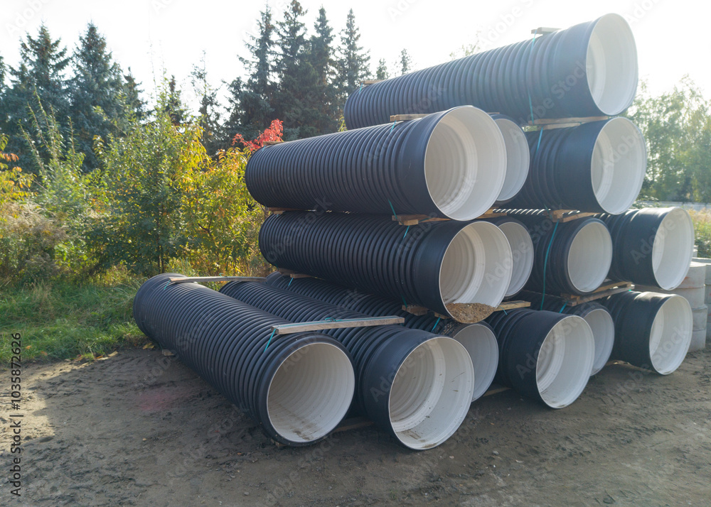 Stacked corrugated drainage pipes at construction site Stacked corrugated drainage pipes at construction site
