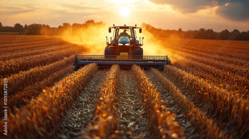 Fototapeta premium A tractor working a field of wheat at sunset, with dust kicking up behind it.