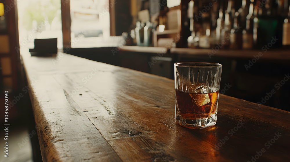 A glass of whiskey sitting on an old wooden bar, evoking a vintage feel - A glass of whiskey sitting on an old wooden bar, evoking a vintage feel -
