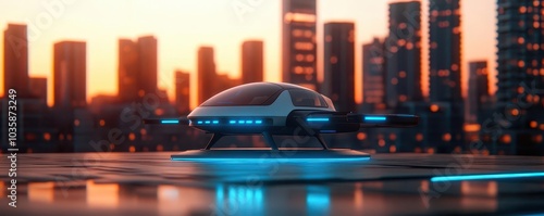 A futuristic flying car landing on a sleek rooftop pad in a sci-fi city photo