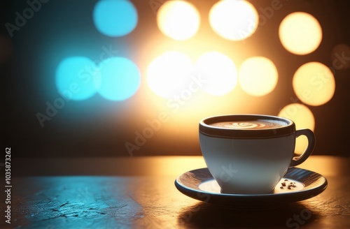 A cup of coffee stands on a saucer with bokeh in the background