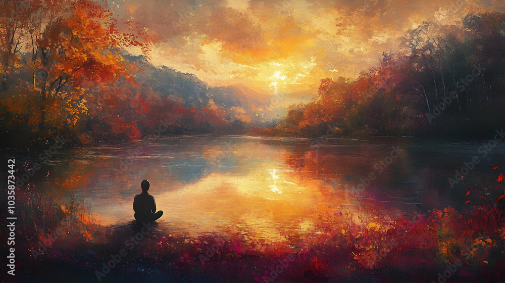 A lone figure seated by a calm lake during autumn, surrounded by vibrant foliage and a sunset sky, evoking peace and reflection - A lone figure seated by a calm lake during autumn, surrounded by vibrant foliage and a sunset sky, evoking peace and reflection -