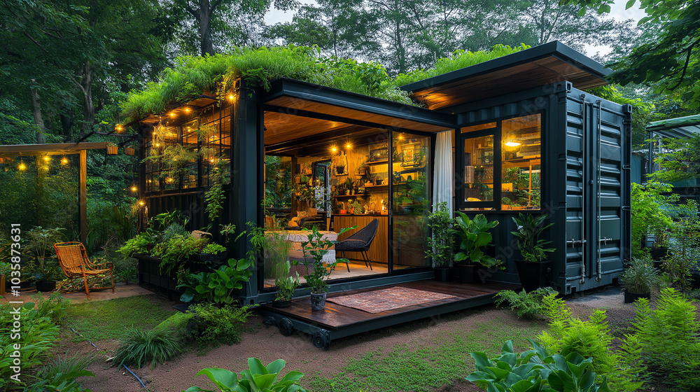 Old, weathered shipping containers converted into tiny homes, surrounded by greenery Old, weathered shipping containers converted into tiny homes, surrounded by greenery
